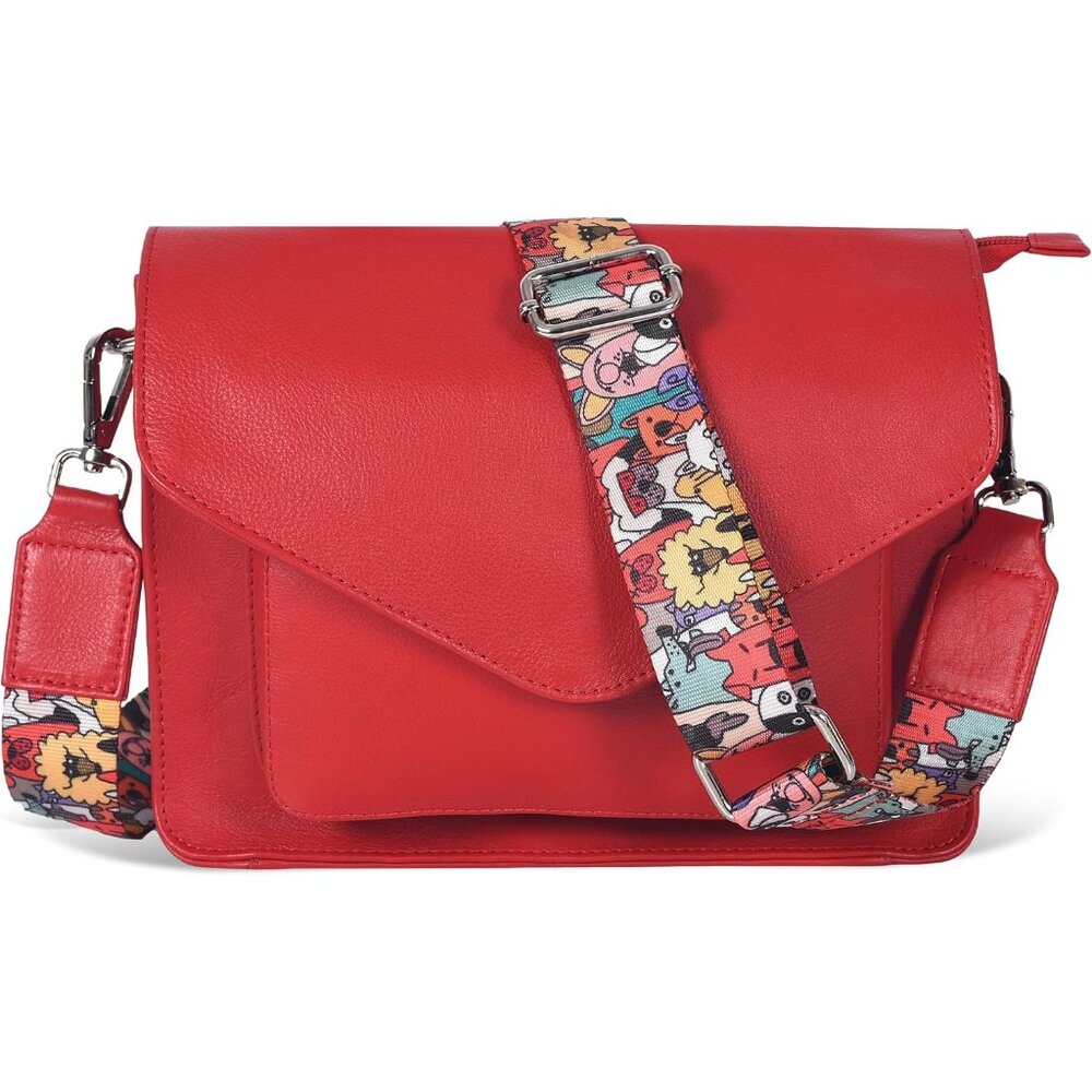 〽️Women Red Leather Flapover Crossbody Handbag Adjustable Strap Tote/Bag